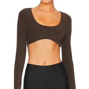 Alo Ribbed Defined Long Sleeve Bra Top in Espresso Brown